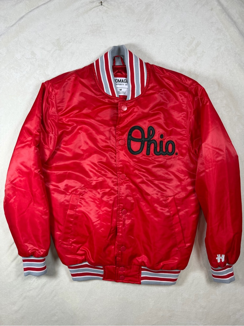 HOMAGE Medium The Ohio State University OSU Script Red Satin Ohio Bomber Jacket